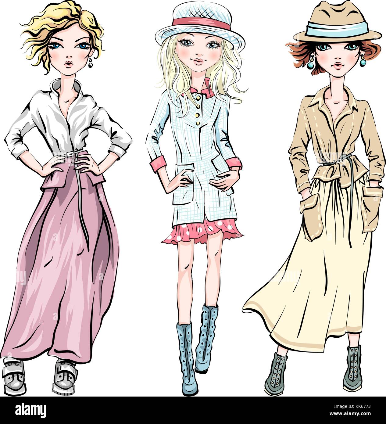 Set di vettore di belle ragazze alla moda Illustrazione Vettoriale