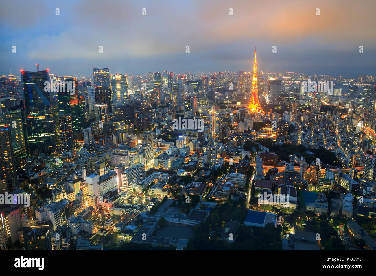 Lo skyline di Tokyo in Twilight, con la famosa Torre di Tokyo Foto Stock