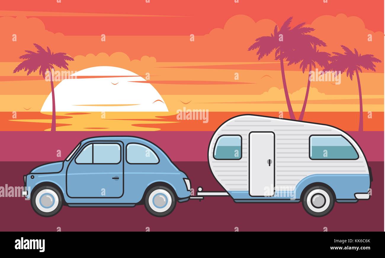Auto retrò con camper trailer - Vacanze estive viaggio Illustrazione Vettoriale