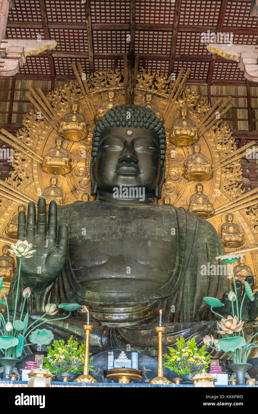 Il grande Buddha (Daibutsu) la più grande statua di bronzo del Giappone di Buddha. Rappresenta Vairocana ed è affiancato da due Bod Foto Stock