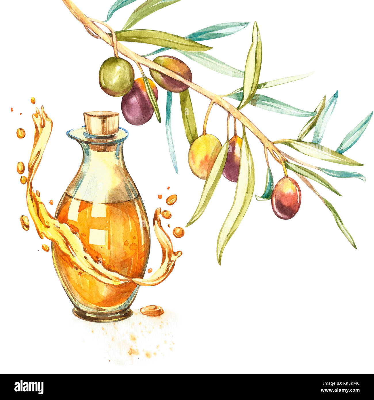 Un ramo di ripe olive verdi è succosa versata con olio. gocce e schizzi di olio d'oliva. acquerello e illustrazione botanica isolati su sfondo bianco. Foto Stock
