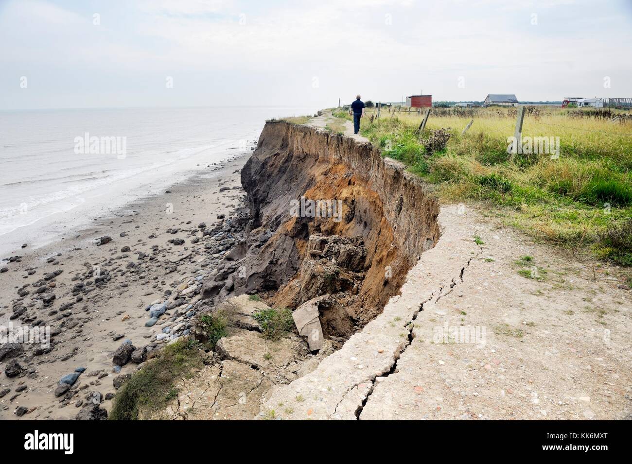 Tempesta di mare maree erosione costiera a Skipsea, Holderness, Yorkshire east coast Inghilterra. In direzione sud lungo la rotta strada costiera Foto Stock