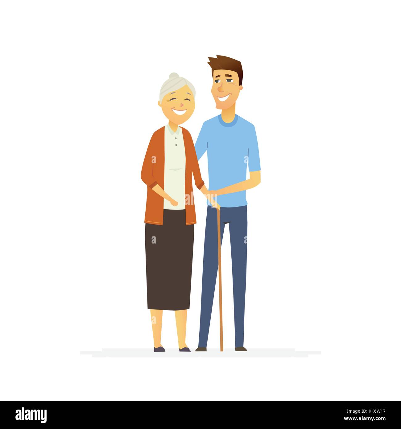 Volontario con una donna senior - cartoon persone caratteri illustrazione isolato Illustrazione Vettoriale