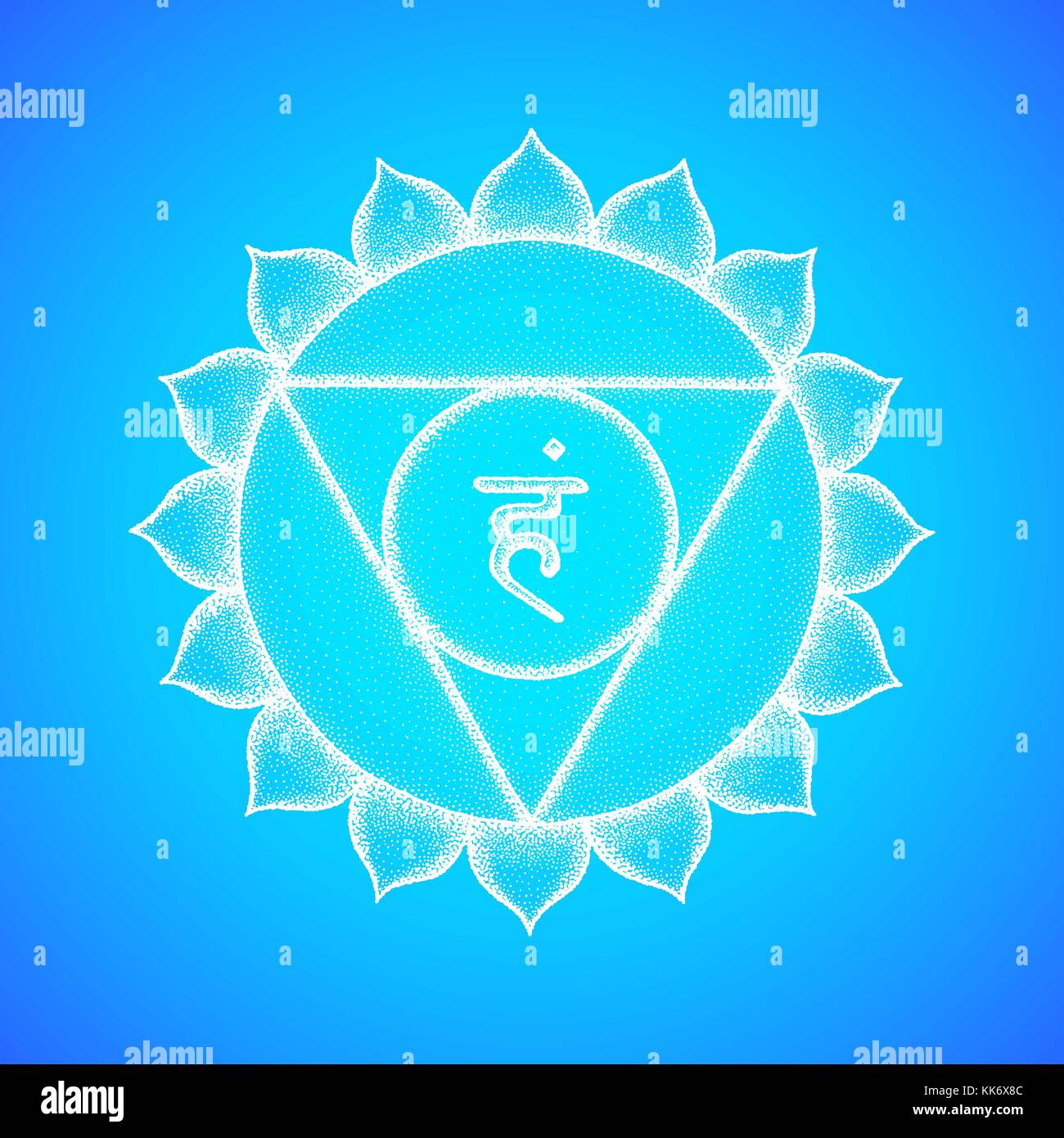 Quinto vettore vishuddha chakra della gola sanscrito mantra seme ham induismo sillaba petali di loto. dot lavoro stile tatuaggio disegnato a mano bianca simbolo in bianco e nero Illustrazione Vettoriale