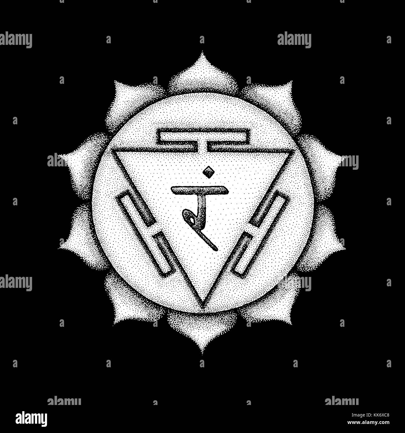 Vettore terzo chakra manipura sanscrito città di gioielli seme mantra ram induismo sillaba petali di loto. dot lavoro stile tatuaggio disegnato a mano monocromatici in bianco Illustrazione Vettoriale