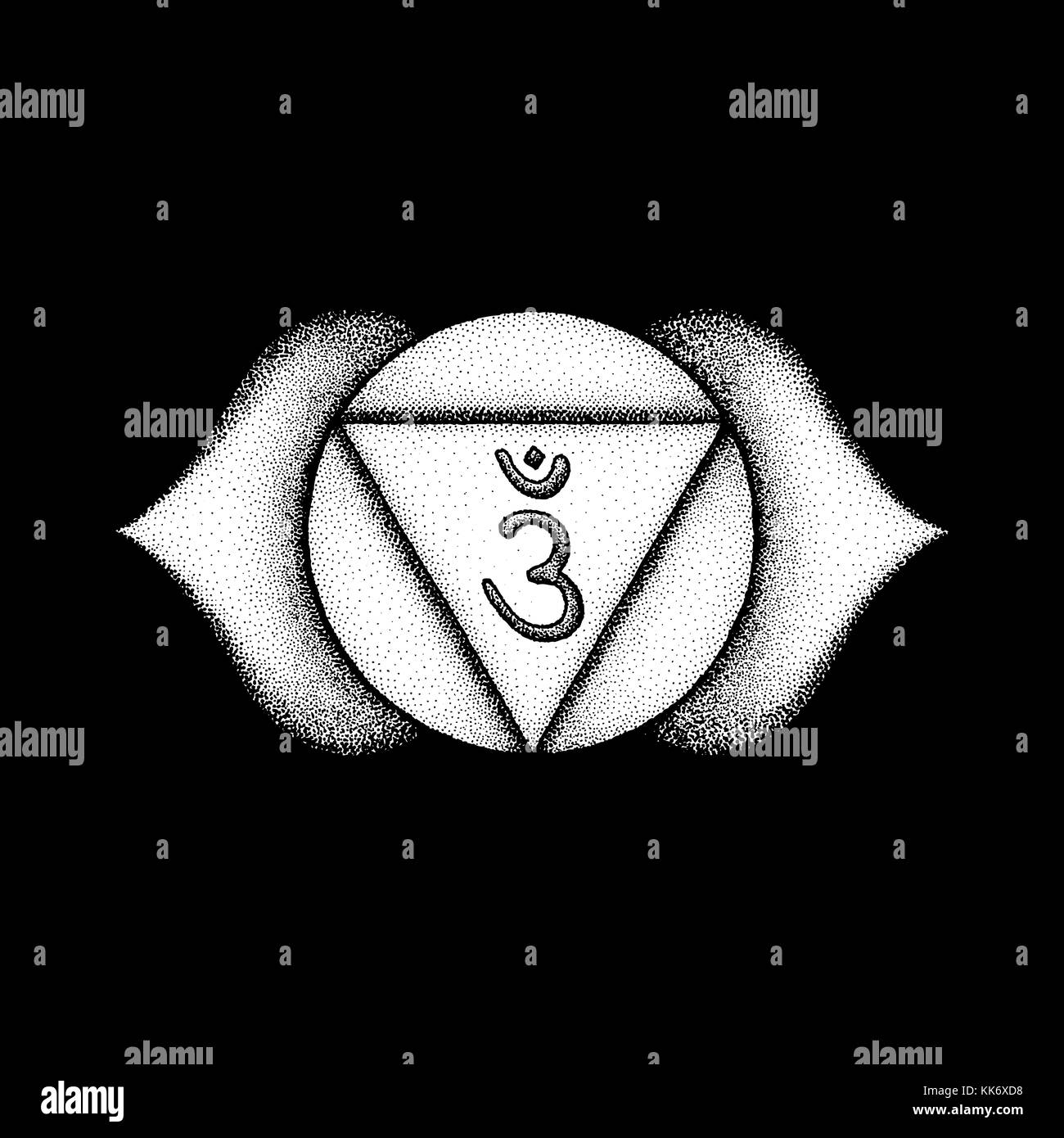 Vettore terzo occhio ajna sesto chakra sementi sanscrito mantra Om induismo sillaba petali di loto. dot lavoro stile tatuaggio disegnato a mano bianca simbolo monocromatica bl Illustrazione Vettoriale