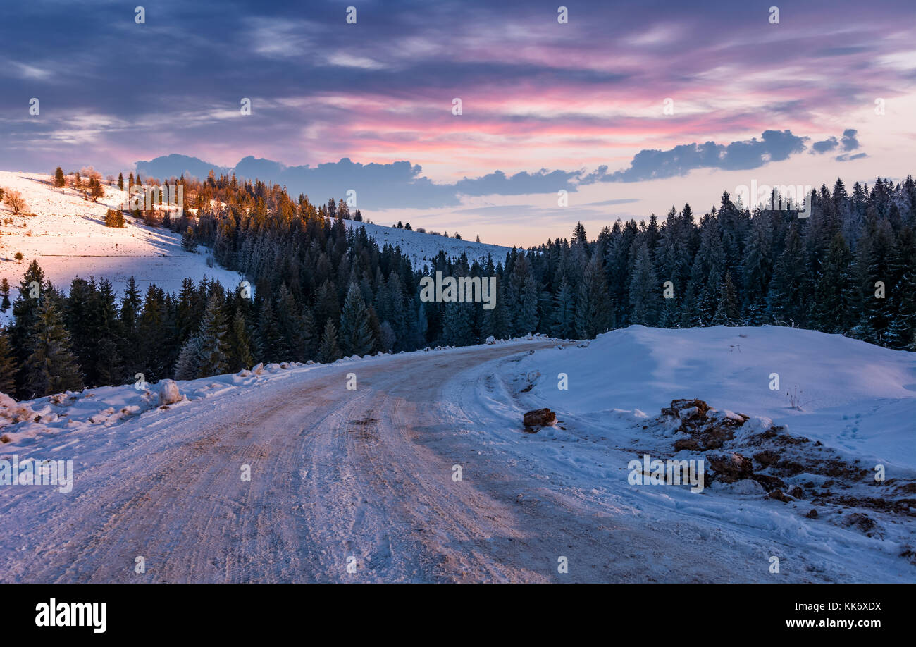 La strada attraverso nevoso lato collina nel bosco di abete rosso. stupendo paesaggio di campagna a Alba d'inverno con cielo magenta Foto Stock
