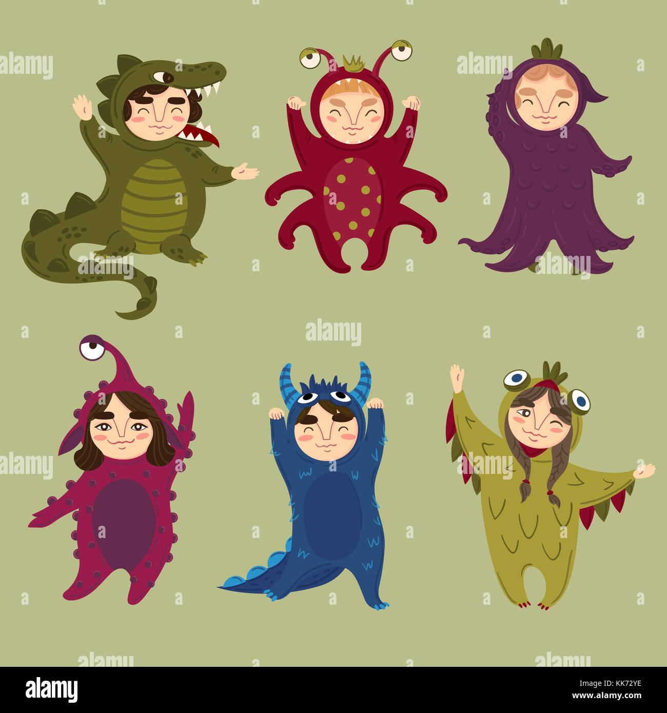 Carino monster set. Bambini in monster kigurumi costumi. illustrazione vettoriale Illustrazione Vettoriale