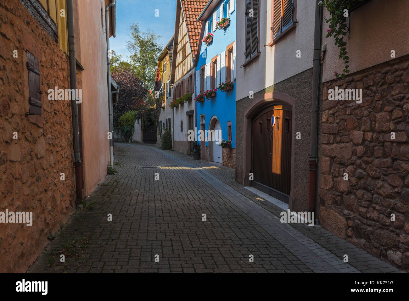 Lane nel villaggio andlau, colline ai piedi delle montagne Vosges, sulla strada del vino dell'Alsazia, Francia Foto Stock