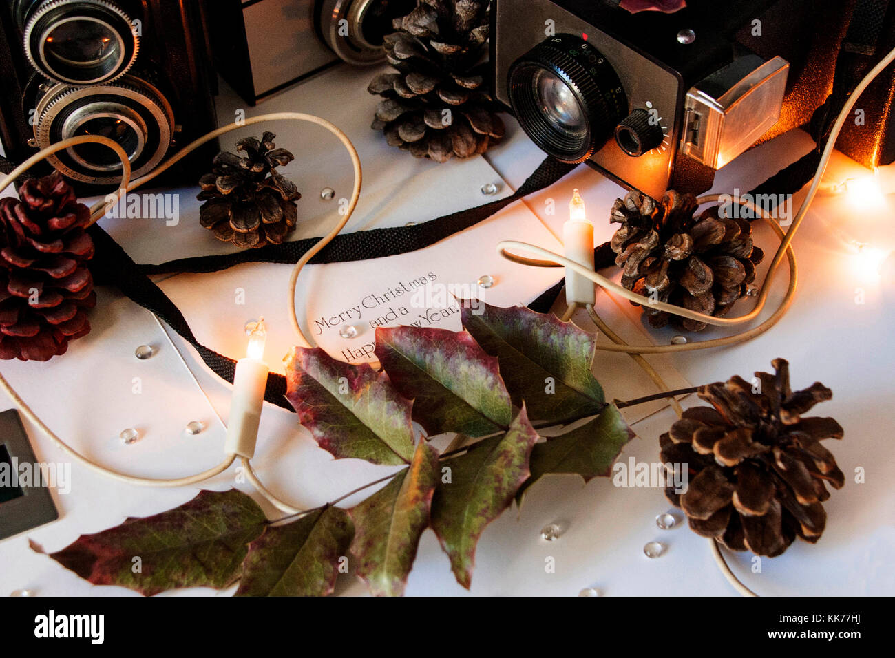 Vecchie macchine fotografiche in un spirito di inverno Foto Stock
