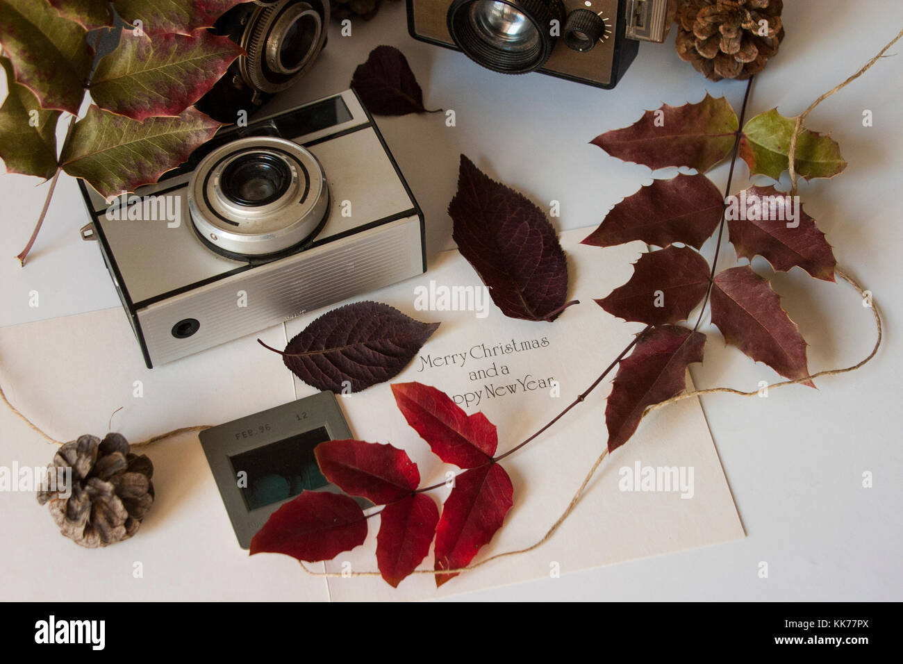 Vecchie macchine fotografiche in un spirito di inverno Foto Stock