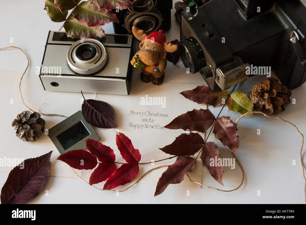 Vecchie macchine fotografiche in un spirito di inverno Foto Stock