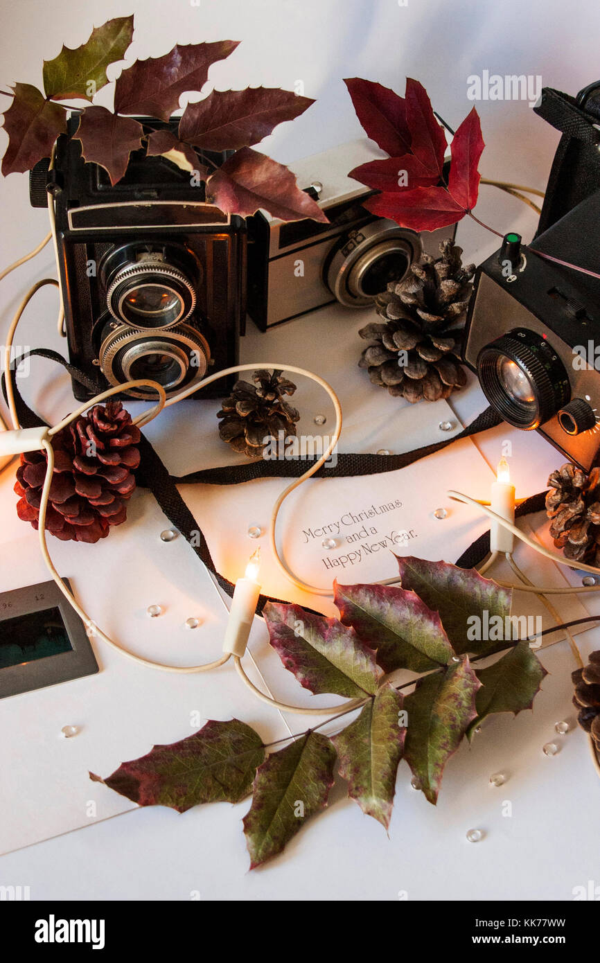 Vecchie macchine fotografiche in un spirito di inverno Foto Stock
