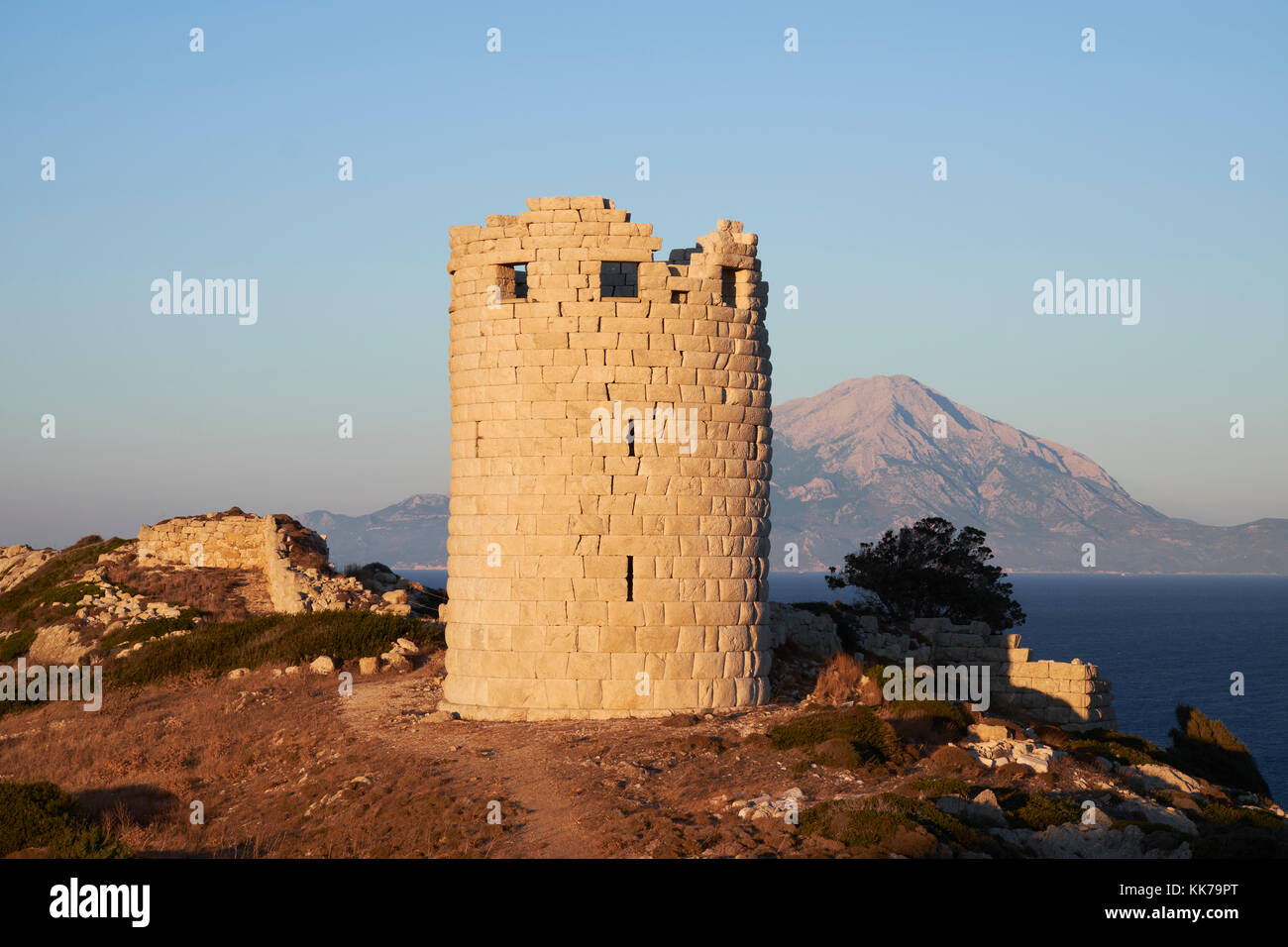 La torre di Drakonon, costruita 400BC, Ikaria, Grecia Foto Stock