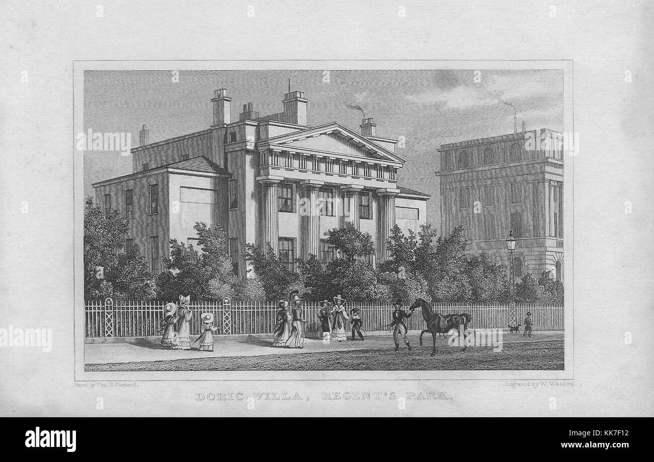Villa in stile dorico, Regent's Park, incisione 'Metropolitan miglioramenti, o a Londra nel XIX secolo", Inghilterra, Regno Unito 1828 Foto Stock