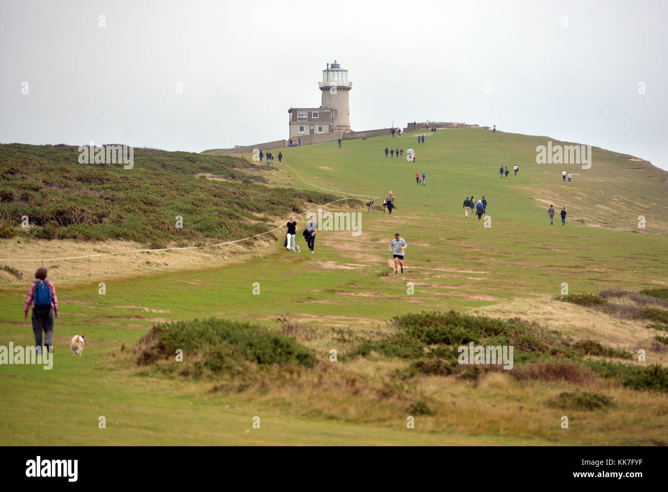 I turisti tenendo conto dei rischi sulla scogliera bordi per ottenere selfies, Beachy Head, Sette sorelle, East Sussex, Regno Unito Foto Stock