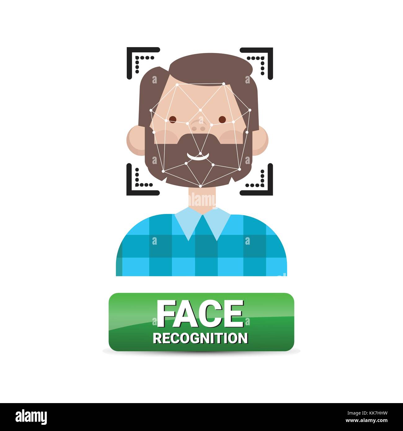 Il riconoscimento del volto del pulsante identificazione biometrici sul viso maschile del controllo di accesso il concetto di tecnologia Illustrazione Vettoriale