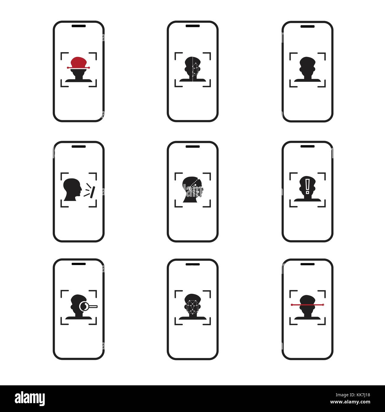 Set di icone con i telefoni intelligenti la scansione di persona, sistema di riconoscimento facciale biometrico di concetto di identificazione Illustrazione Vettoriale