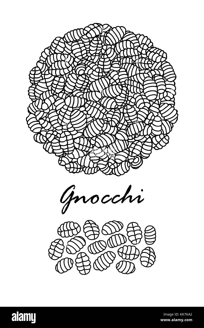 Progettazione poster per i tradizionali piatti di pasta italiana, gnocchi in sagoma nera e il piano bianco su sfondo bianco. carino disegnato a mano cibo illustrazione vettoriale. Illustrazione Vettoriale