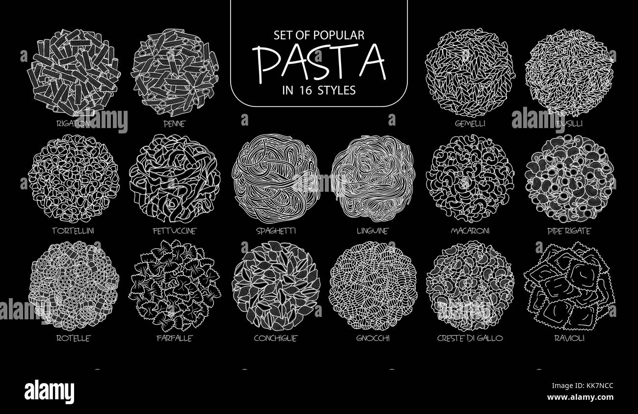 Set di isolato di pasta popolare in 16 stili. carino disegnato a mano illustrazione vettoriale di cibo italiano solo profilo bianco su sfondo nero. Illustrazione Vettoriale