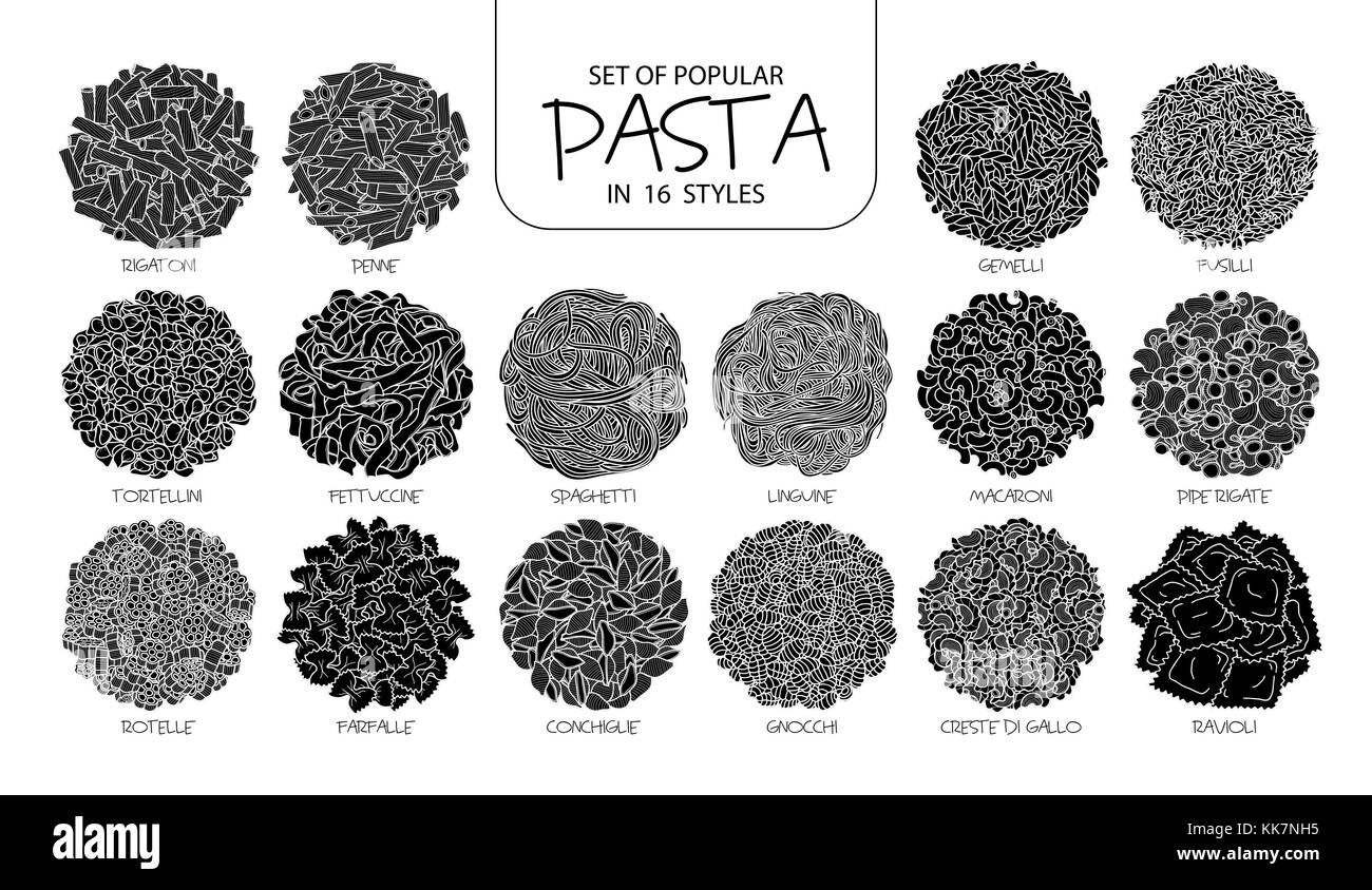 Set di silhouette isolato pasta popolare in 16 stili. carino disegnato a mano illustrazione vettoriale di cibo italiano in profilo bianco e piano nero su bianco b Illustrazione Vettoriale