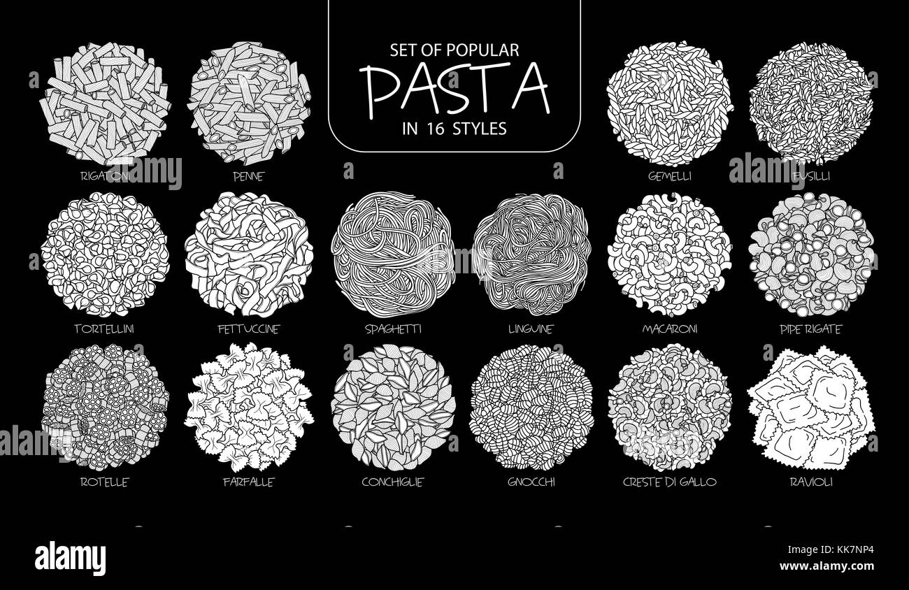 Set di isolato silhouette bianca pasta popolare in 16 stili. carino disegnato a mano illustrazione vettoriale di cibo italiano in piano bianco senza contorno su bla Illustrazione Vettoriale