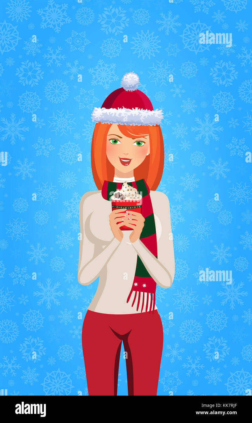 Natale e Anno Nuovo illustrazione di zenzero Cute girl in santa hat e sciarpa a righe azienda red cup con bevanda calda isolati su blu backgroun nevoso Foto Stock