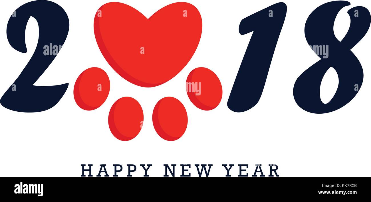 Felice anno nuovo 2018 il testo nero design con il cane rosso paw in forma di cuore, illustrazione vettoriale su sfondo bianco. Illustrazione Vettoriale