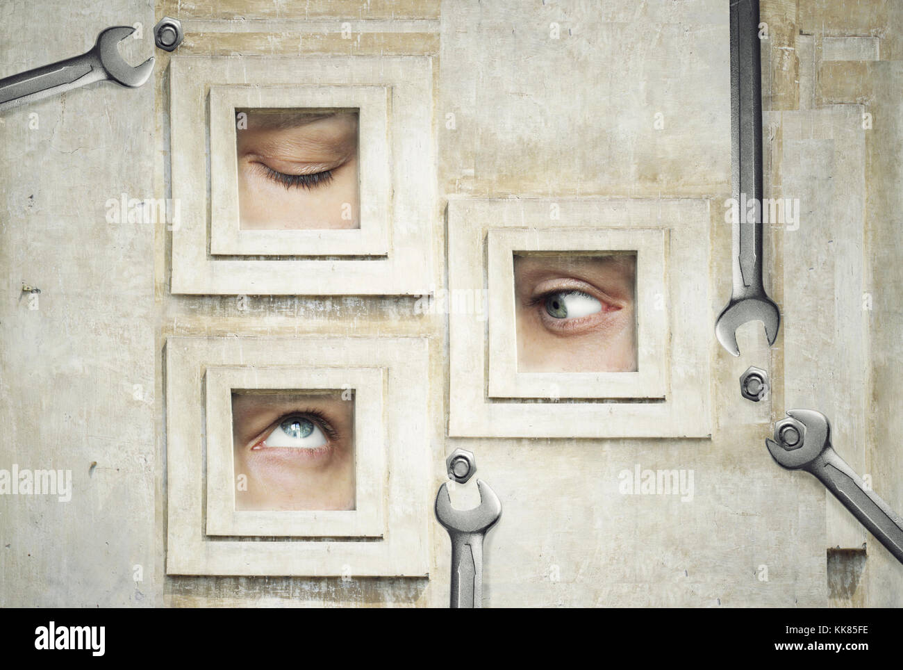 Divertente e composizione artistica di tre occhi umani Foto Stock