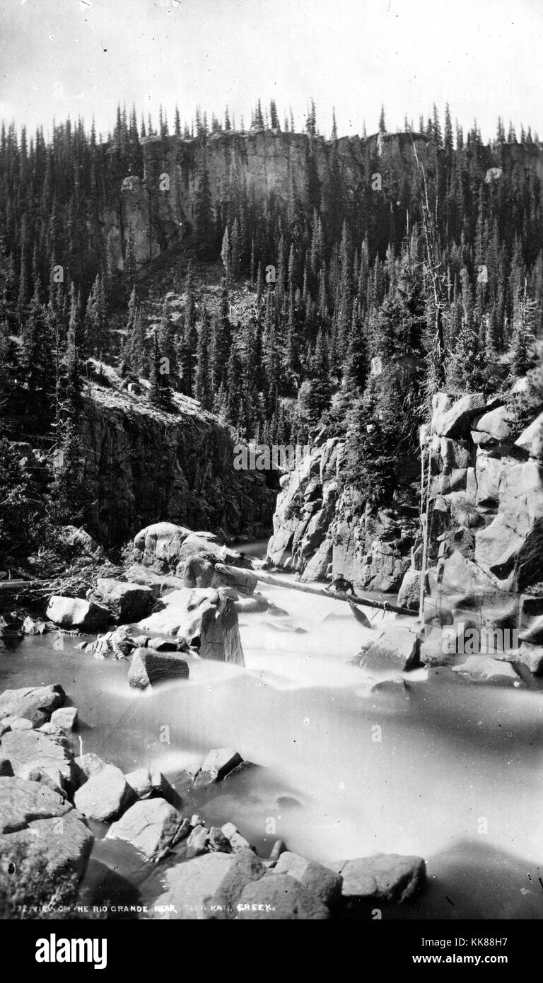 L'uomo che colpisce una posa mentre in piedi su un log oltre il fiume Rio Grande. Immagine cortesia USGS. 1874. Foto Stock