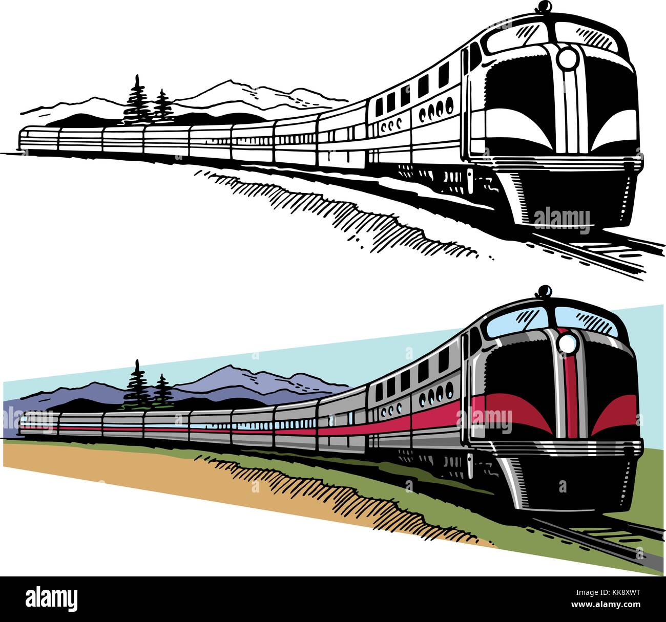 Un treno passeggeri accelerando lungo un paesaggio montuoso. Illustrazione Vettoriale