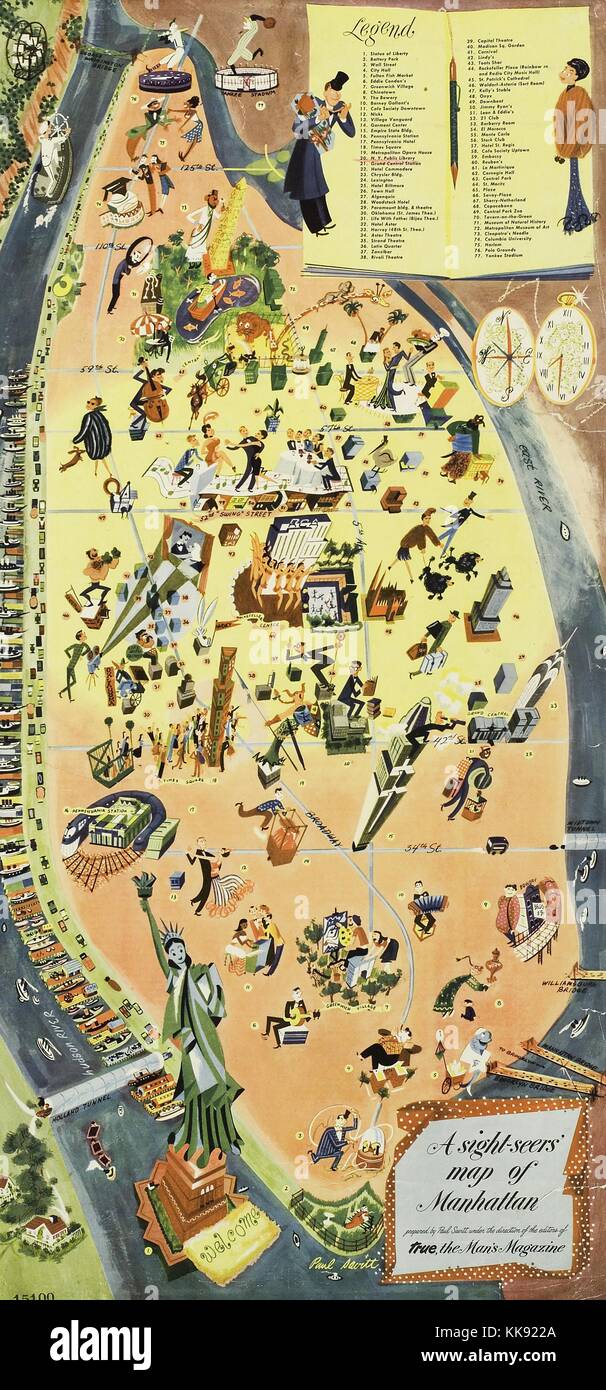 Colore illustrata mappa di Manhattan, sottolineando luoghi di interesse con disegni, intitolata 'Una vista-veggenti mappa di Manhattan', da Paolo Savit, per Vero, l'uomo della rivista, la città di New York, New York, 1946. Dalla Biblioteca Pubblica di New York. Foto Stock