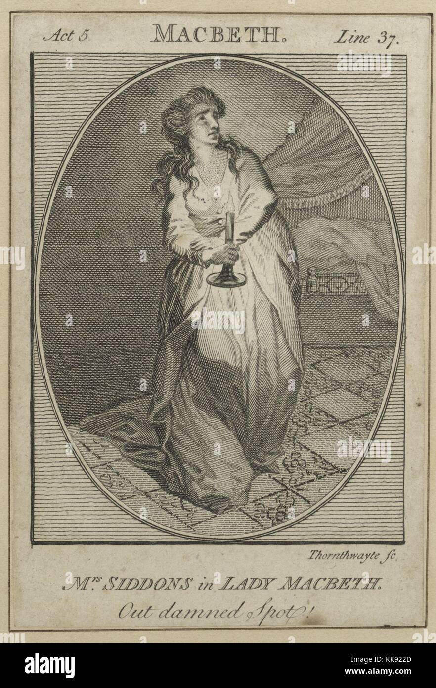 Incisione e incisione con alcuni, imbianchini di Sarah Siddons, un gallese attrice, il più noto tragedienne del XVIII secolo, come Lady Macbeth di Shakespeare, tutta la lunghezza, in piedi, camminare lontano dal suo letto, tenendo in mano una candela di fronte a lei, guardando verso l'alto a destra, in ovale, 1784. Dalla Biblioteca Pubblica di New York. Foto Stock Incisione e incisione con alcuni, imbianchini di Sarah Siddons, un gallese attrice, il più noto tragedienne del XVIII secolo, come Lady Macbeth di Shakespeare, tutta la lunghezza, in piedi, camminare lontano dal suo letto, tenendo in mano una candela di fronte a lei, guardando verso l'alto a destra, in ovale, 1784. Dalla Biblioteca Pubblica di New York. Foto Stock