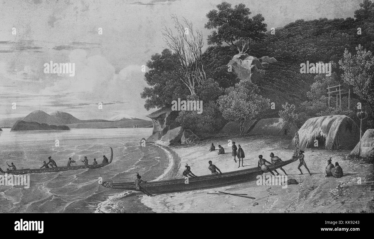 Un attacco a partire da un dipinto di abitanti di un villaggio nativo spostando una barca in acqua e una porzione del loro villaggio è visibile accanto alla linea di albero che corre lungo la spiaggia, gli edifici sembrano essere semplici archi ricoperti di paglia, e un altro gruppo di abitanti sono già in una barca che sono fuori per sguazzare nell'acqua del cove, Astrolabio, Nuova Zelanda, 1832. Dalla Biblioteca Pubblica di New York. Foto Stock
