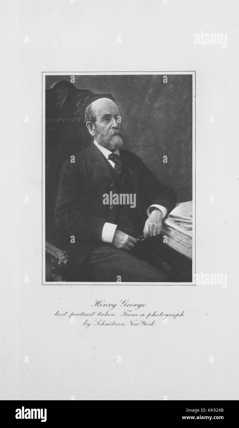 Fotografia in bianco e nero, ritratto di Henry George, un politico americano economista, giornalista e filosofo, con la dizione "ultimo ritratto preso da una fotografia da Schaidner, New York", 1900. Dalla Biblioteca Pubblica di New York. Foto Stock
