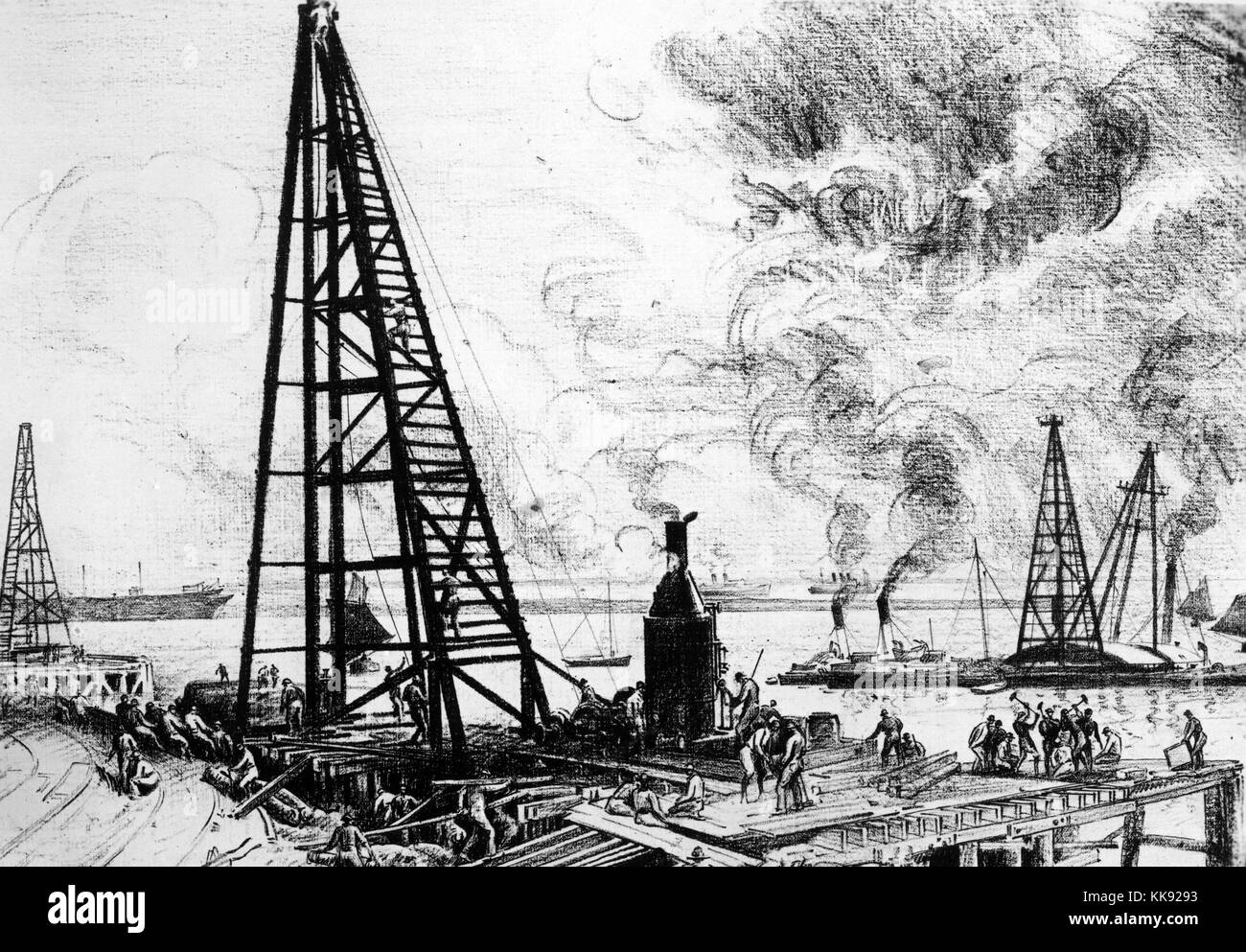 Una illustrazione che illustra la costruzione di banchine in Brest dagli Stati Uniti ingegneri, la città è servita come un importante porto militare per gli Stati Uniti sia durante la guerra mondiale I e II Guerra Mondiale attraverso il quale decine di migliaia di soldati scorreva, gli uomini sono mostrati lavorando sulle banchine utilizzando gli strumenti a mano e attrezzature più grandi, Francia, 1760. Dalla Biblioteca Pubblica di New York. Foto Stock