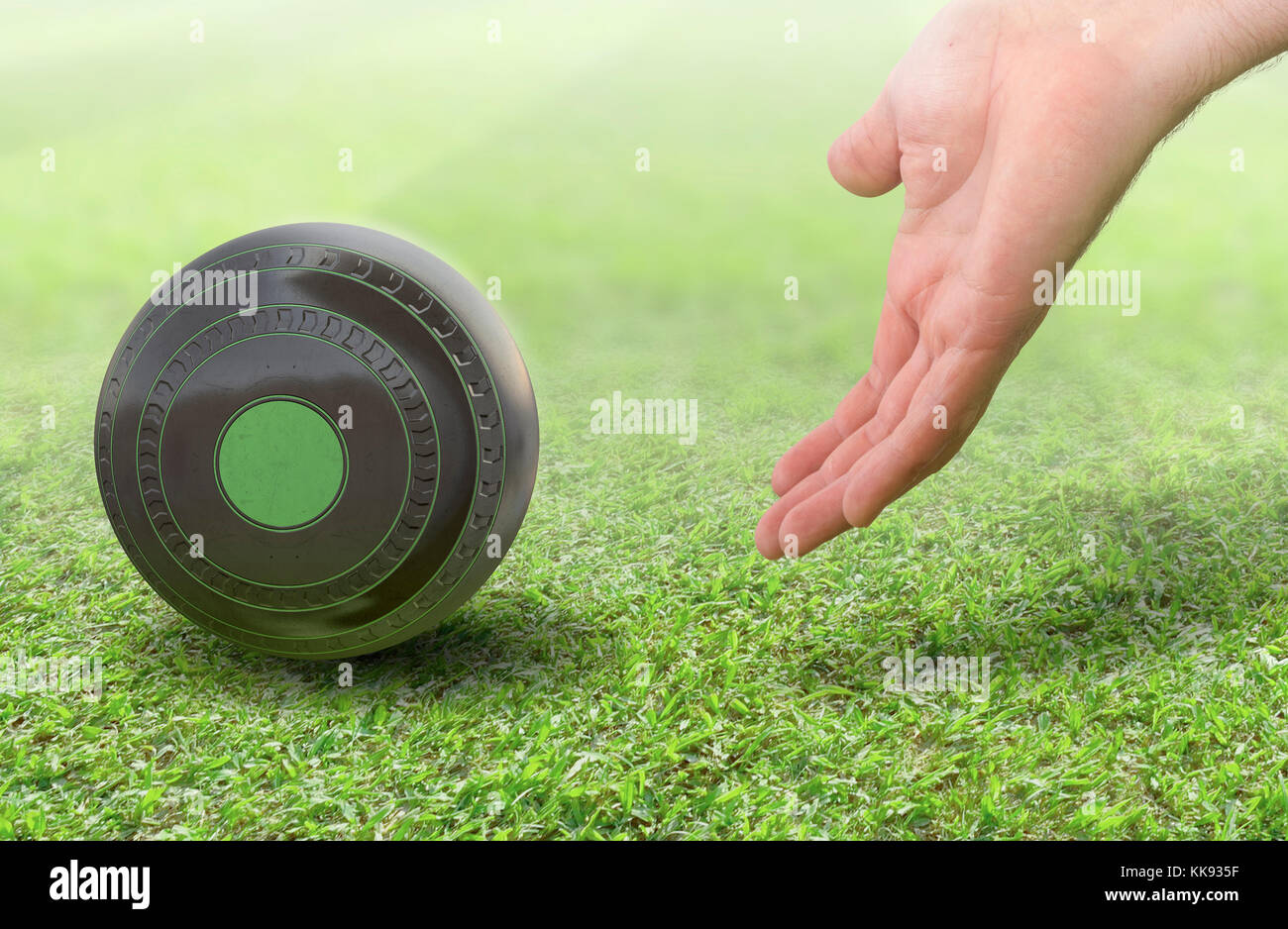 Un maschio lato bowling e rilasciando un di legno prato bowling palla su un prato verde erba superficie -3D render Foto Stock