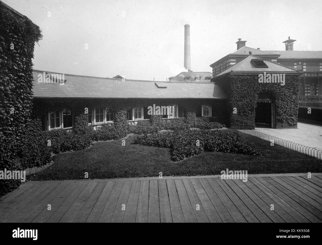 Fotografia in bianco e nero di ricoperti di edera esterno di una Ellis Island edificio, da Edwin Levick, Ellis Island, New York, 1907. Dalla Biblioteca Pubblica di New York. Foto Stock