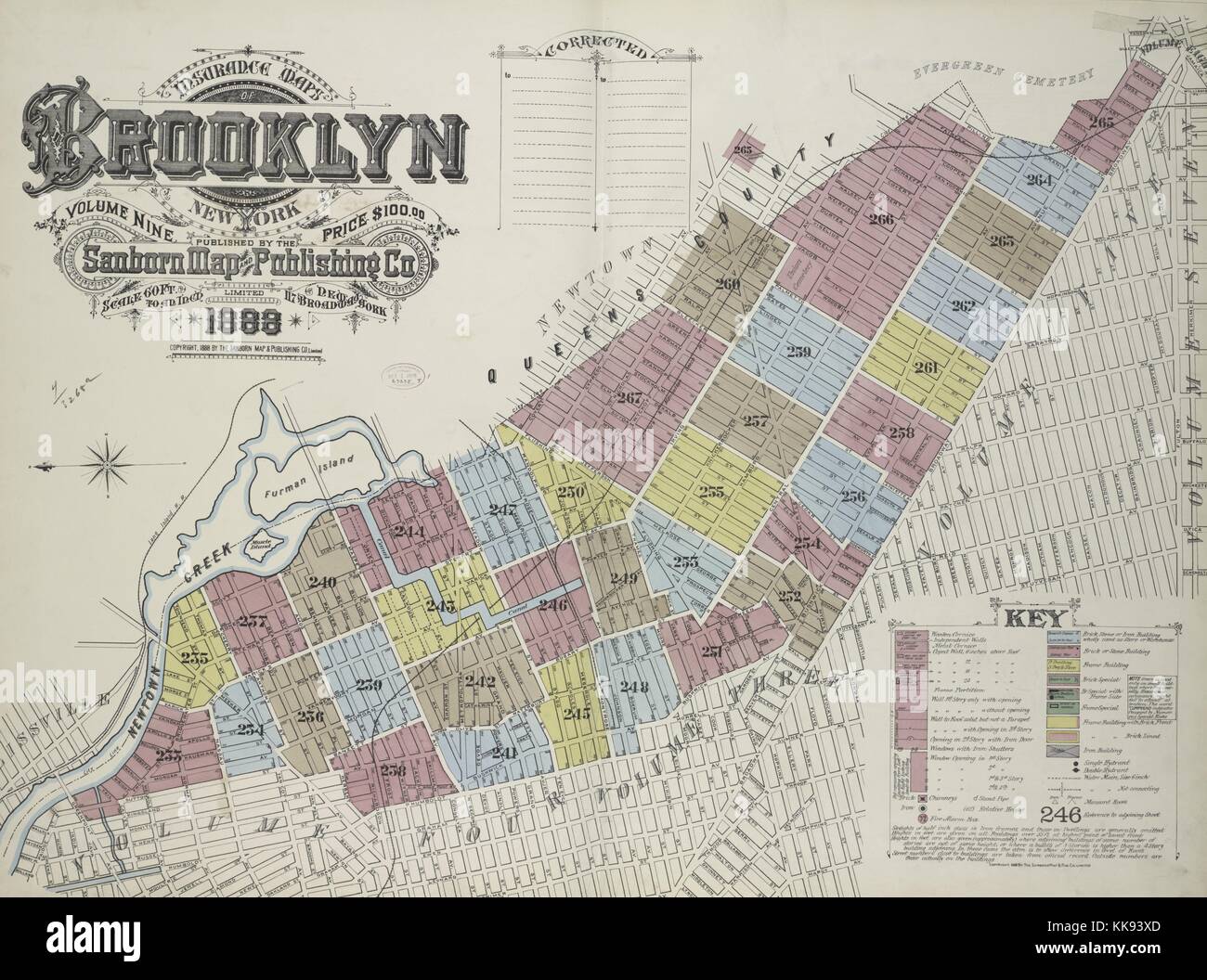 Incisi immagine mappa da un atlante con didascalia originale lettura "Assicurazioni mappe della città di Brooklyn a New York nove volumi pubblicati dalla Sanborn mappa co 117, Broadway, New York 1888', la città di New York, New York, 1884. Dalla Biblioteca Pubblica di New York. Foto Stock