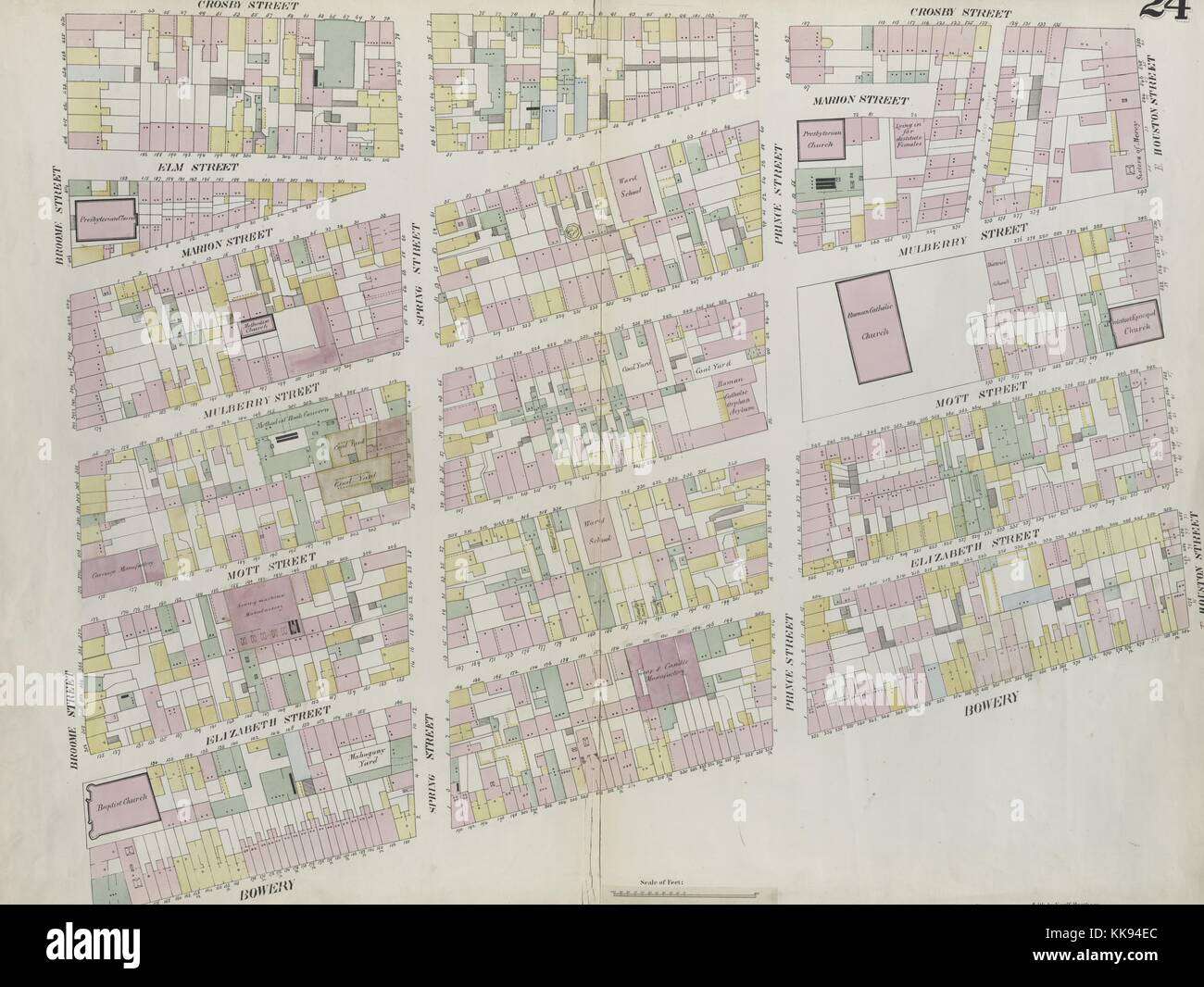 Incisi immagine mappa da un atlante con didascalia originale lettura 'piastra 24: mappa delimitata da Houston Street, Bowery, Broome Street, Crosby Street', la città di New York, New York, 1859. Dalla Biblioteca Pubblica di New York. Foto Stock