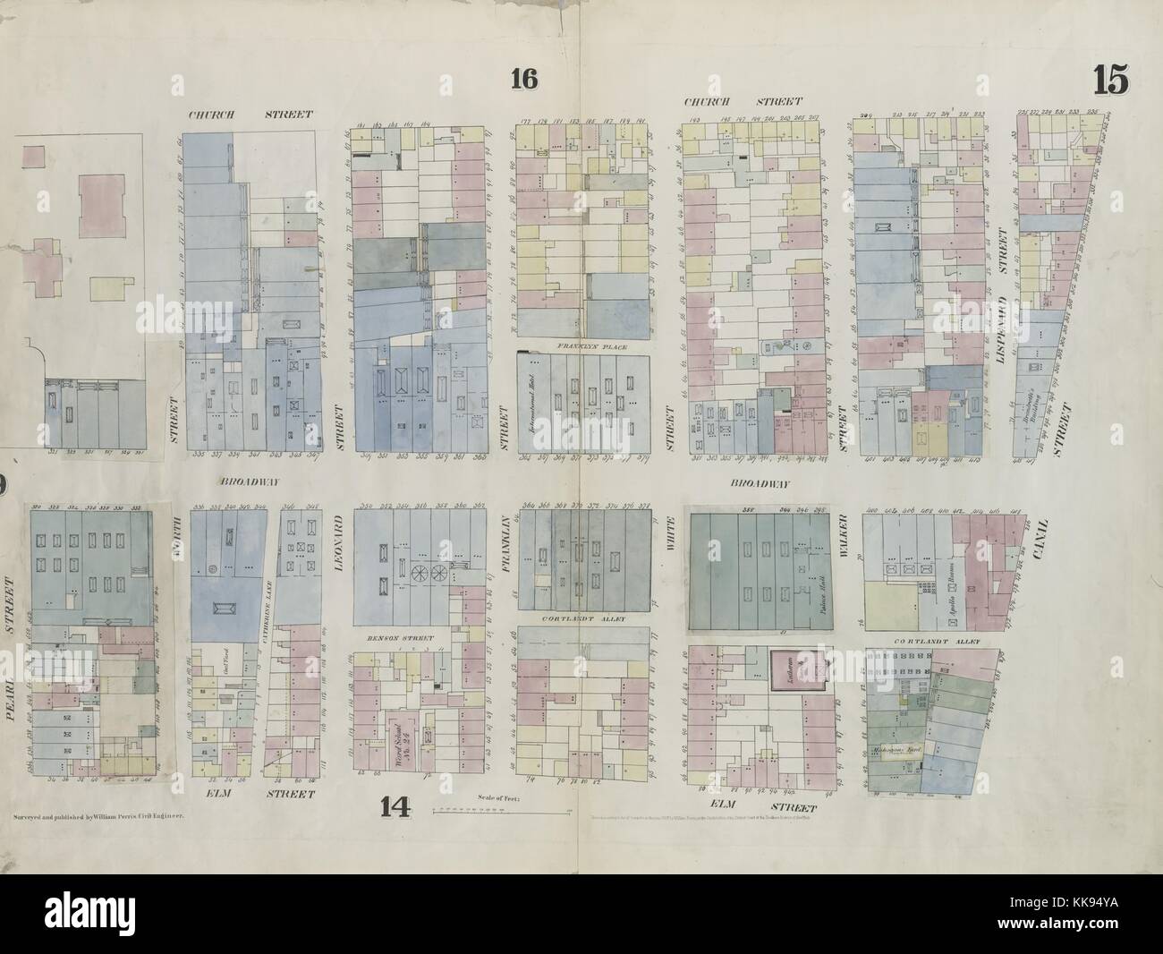 Incisi immagine mappa da un atlante con didascalia originale lettura 'piastra 15: mappa delimitata da Canal Street, Elm Street, Pearl Street, Church Street', la città di New York, New York, 1859. Dalla Biblioteca Pubblica di New York. Foto Stock