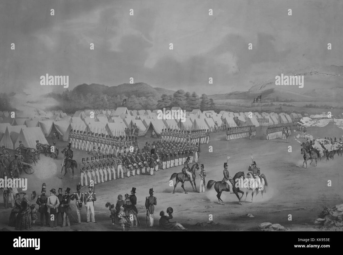 Mano litografia colorata raffigurante la Guardia Nazionale 7° Reggimento New York Milizia di Stato a Camp vale la pena (Kingston, Luglio 1855), con il Colonnello Abram Duryee, comandante, formando per la revisione e i controlli da parte dell Ispettorato generale B. F. Bruce, 1865. Dalla Biblioteca Pubblica di New York. Foto Stock