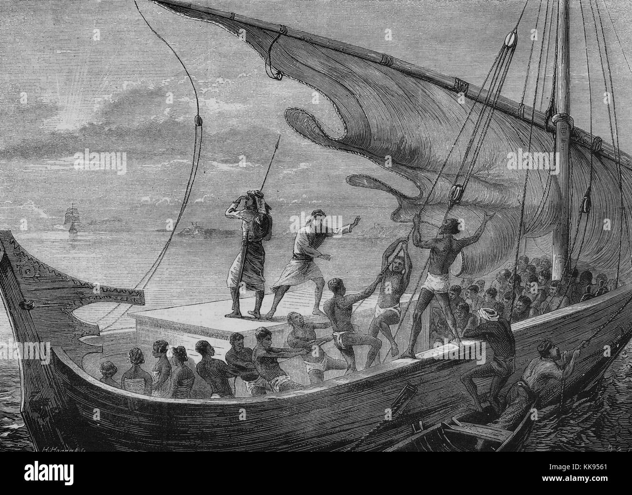 Una incisione raffigurante uomini al lavoro per sollevare le vele su un