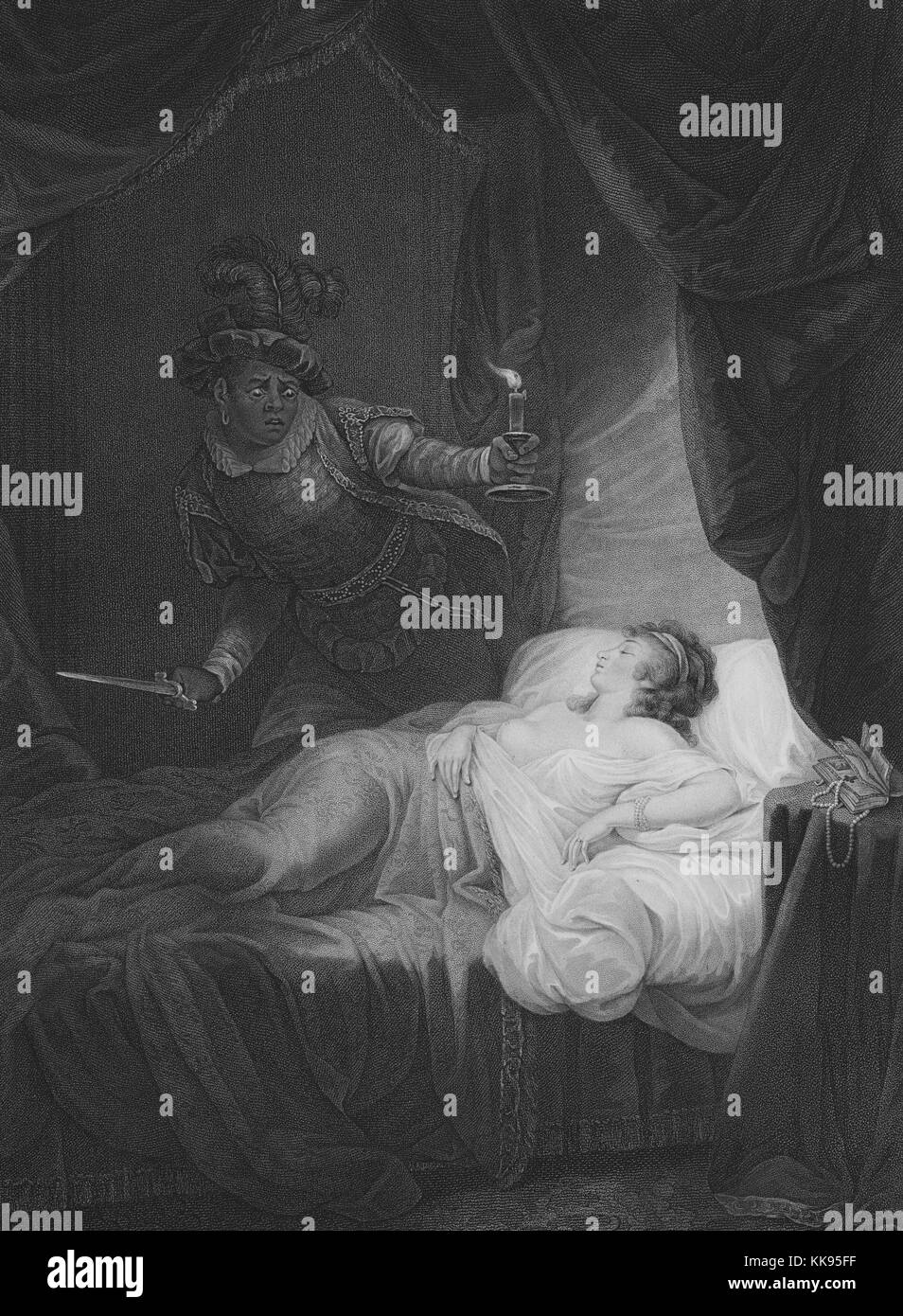 Illustrazione intitolata 'Un Bedchamber, Desdemona nel letto addormentato', da Otello (Atto V, scena 2), parte di una raccolta di stampe da immagini dipinte per lo scopo di illustrare le opere drammatiche di Shakespeare, dagli artisti della Gran Bretagna", 1799. Dalla Biblioteca Pubblica di New York. Foto Stock