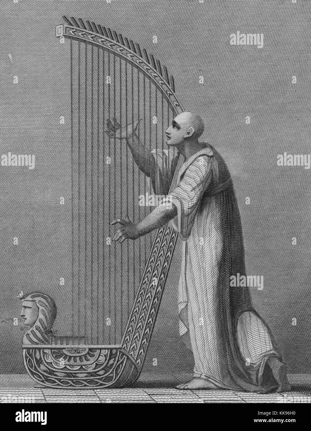 Le illustrazioni incise di un dipinto ad affresco presso i sepolcri di Tebe, di un uomo in piedi, la riproduzione di un'arpa da James Bruce, 1805. Dalla Biblioteca Pubblica di New York. Foto Stock