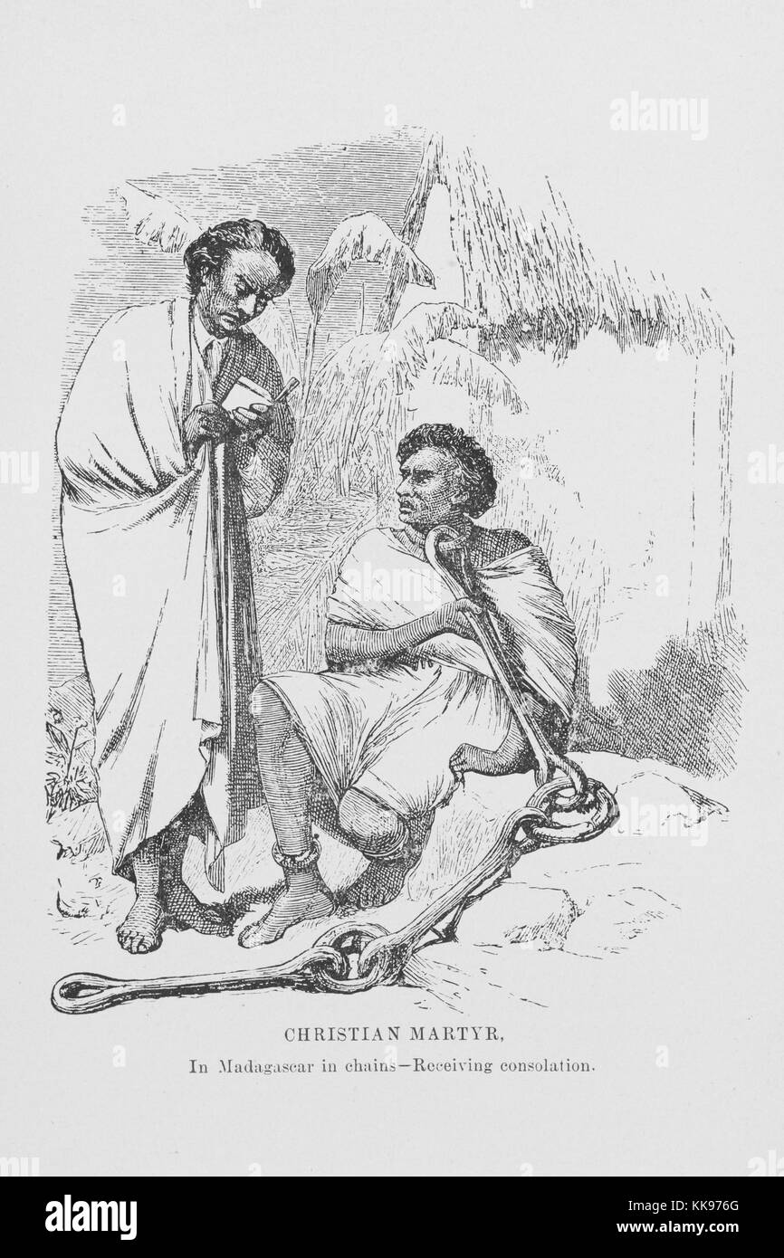 Incisi illustrazione di un martire cristiano, in catene, in Madagascar, consolata da Mifflin Gibbs Wistar, 1902. Dalla Biblioteca Pubblica di New York. Foto Stock