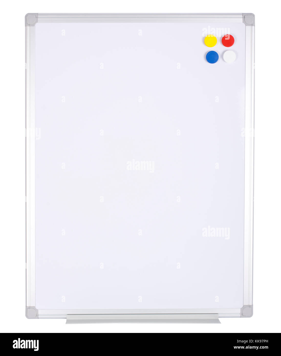 Whiteboard magnetizzati con pulsanti di colore isolato su sfondo bianco. Foto Stock