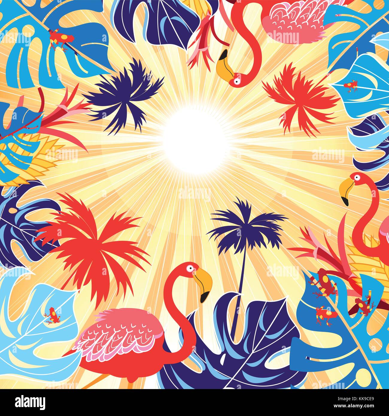 Sfondo tropicale con foglie e flamingo Illustrazione Vettoriale