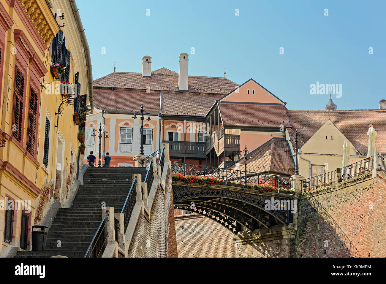 Città vecchia Sibiu Romania bugiardi bridge Foto Stock