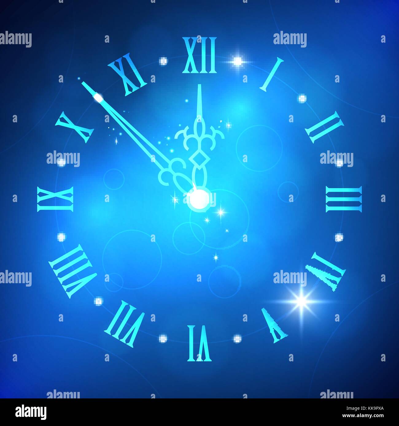 Orologio con numeri romani. Felice anno nuovo abstract sfondo luminoso con orologio per il tuo poster, striscioni, cartolina, un invito o un biglietto di auguri design Illustrazione Vettoriale